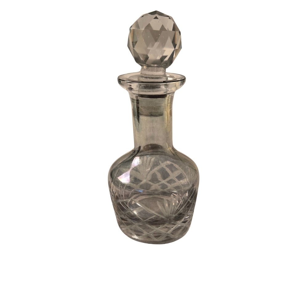Vtg Cut Glass Perfume Bottle Faceted Stopper‎ 5.5 Inch Mini Decanter Feminine